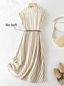 Franclia 女士休闲条纹印花缺口领短袖连衣裙，适合度假 - 杏色 - 查看 2