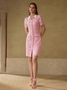 MOTF PREMIUM ELEGANT ROMANTIC LACE CONTRAST COLLAR PEARL DECOR MOCK POCKET SHORT DRESS - Pink - View 4