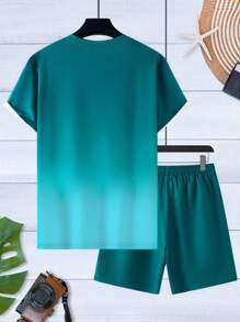 Manfinity RSRT Conjunto de camiseta de manga corta de cuello redondo y pantalón corto con cordón en la cintura con estampado de palmeras para hombre