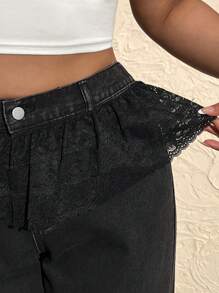 SHEIN EZwear Plus Size Women Waist Splicing Lace Ruffle Loose Wide Leg Jeans - Black - View 7