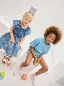 SHEIN 2 pièces/Set T-shirt court à manches courtes et short confortable, rond et simple, pour jeunes filles - Bleu azur - Voir 3