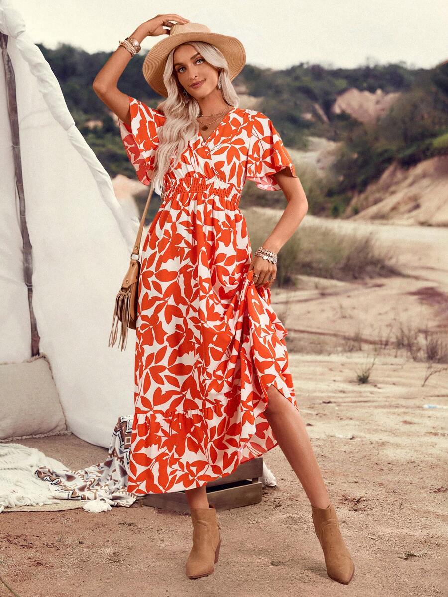 Breezaya Women's Holiday Plant Print Ruffle Sleeve Dress - Orange - View 1