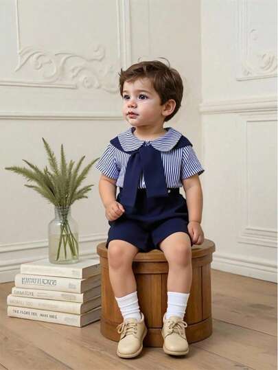 Souflis Souflis 3pcs/Set Gentleman Outfit For Baby Boys, Includes Striped Short Sleeve Shirt, Elastic Waist Shorts And Cape, Comfortable Formal Suit For Birthday Party, Wedding, Baptism, Performance, Summer Fall Winter