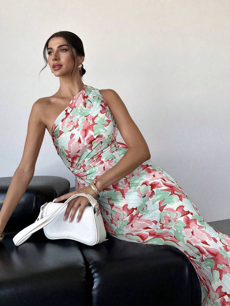 Firerie 女士优雅度假海滩渐变花卉印花褶皱单肩镂空抽绳中长连衣裙，夏季