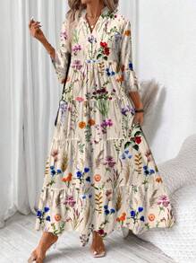 SHEIN LUNE Vestido de manga larga acuchillado con estampado floral acuarela con cuello en V, adecuado para primavera/verano