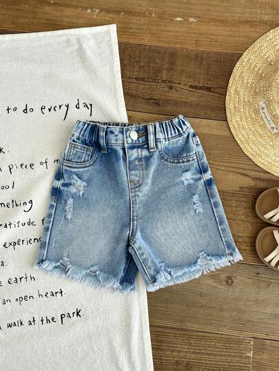 SHEIN Baby Girl Blue Denim Distressed Loose Straight Shorts
