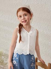 Blossori Young Girls' Countryside Style Embroidered Sleeveless White Cotton Blouse - White - View 7
