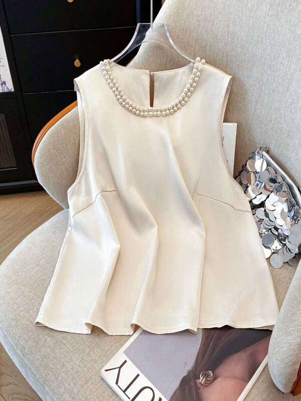 Regalyn Plus Size Sleeveless Blouse With Faux Pearl Trim, Solid Color, Elegant