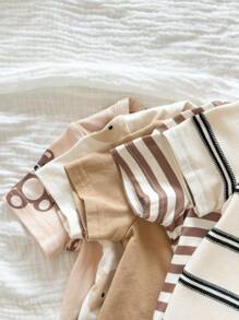 SHEIN 15pcs/Set Newborn Baby Girls' Casual Cute Knitted Striped Bear Print Short Sleeve Bodysuit & Hat Outfit Set Cartoon