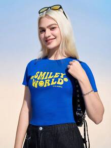 SmileyWorld® | SHEIN Áo thun cổ tròn tay ngắn họa tiết mặt cười và chữ cho nữ - Màu xanh lam - Xem 3