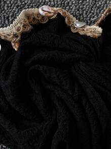 SHEIN Clasi Black Summer Boho Beach Holiday Plus Size Women V-Neck Spaghetti Strap Knitted High Elasticity Jacquard Crochet Trim Casual Top Western Wear - Black - View 4