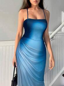 Vestido elegante de mujer con efecto degradado, plisado, ajuste ceñido y tirantes finos - Azul - Ver 3