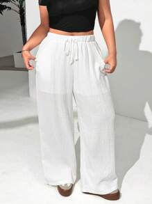 SHEIN EZwear Plus Size Women's Casual Textured Fabric Solid Color Loose Vacation Style Pants With Pockets, Summer - White - View 6