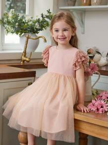 SHEIN Vestido elegante de color rosa con manga acampanada de encaje y malla, para niñas jóvenes