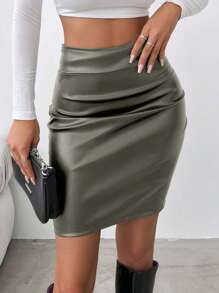 EURMUSE Women's Solid Color Pleated Zipper Back Bodycon Mini Skirt - Army Green - View 3