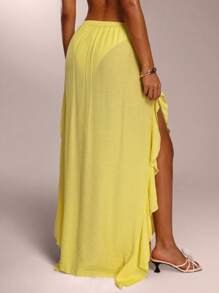 SHEIN Forever 21 Vacation Beach Yellow Textured Sheer Ruffled Skirt Bottom Swimsuit - Yellow - View 2
