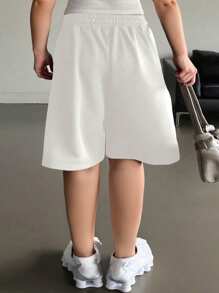 Dazy Plus Bermudas de talla grande de unicolor con cordón en la cintura, estilo callejero holgado, ropa de vuelta al colegio - Blanco - Ver 2
