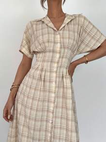 Siren Gaze Vestito in stile gingham estivo per donna, vestito giallo a quadri, vestito lungo a righe estivo casual, vestito estivo casual lungo da donna, vestito camicia a righe in vita da donna casual da pendolare, vestito lungo casual a quadri con collo a risvolto e maniche corte, monopetto, per donna, casual e per l'ufficio