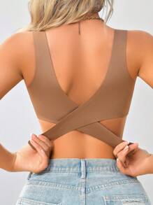 1 件女士无缝无衬垫优雅透气舒适交叉后背抹胸文胸 - 咖啡棕 - 查看 3