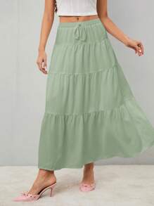 SHEIN Tall Falda larga de cintura alta con nudo y volantes en el dobladillo, de unicolor