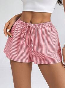 SHEIN PETITE 女士夏季海滩度假条纹低腰短裤 - 紅色 - 查看 5
