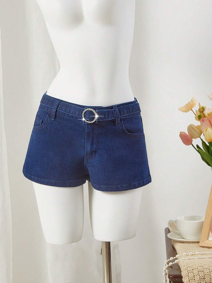 Comfortcana Casual Washed Denim Shorts With Rhinestone Decor Belt For Summer - Dark Wash - View 1