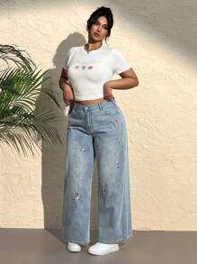 SHEIN EZwear سراويل جينز فضفاضة كاجوال متعددة الاستخدامات مطرزة بالزهور، مقاس كبير للنساء