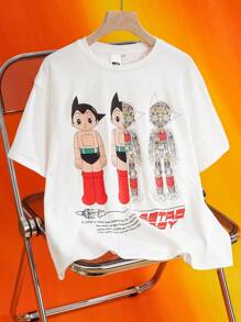 Astro Boy X SHEIN 青少年男孩卡通人物图案白色休闲百搭短袖 T 恤