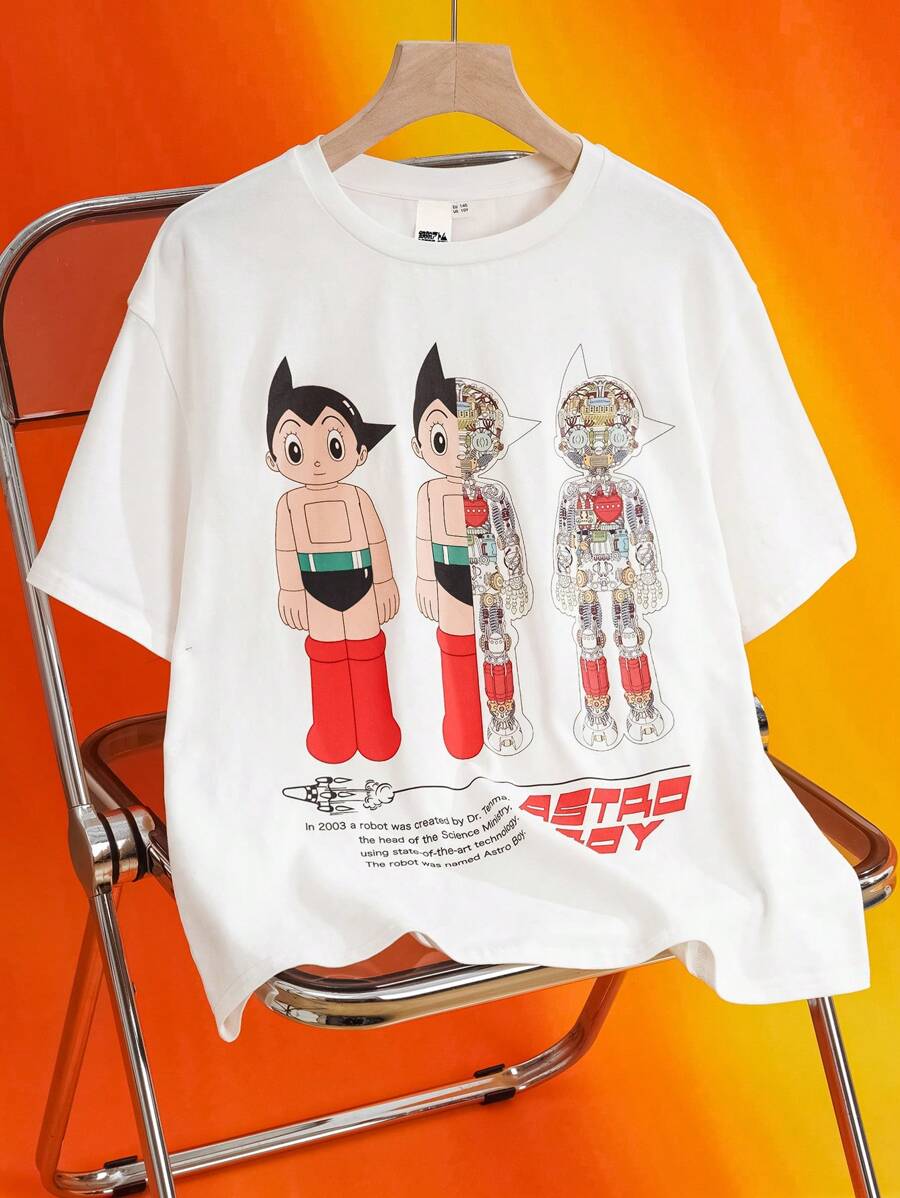 Astro Boy X SHEIN 青少年男孩卡通人物图案白色休闲百搭短袖 T 恤