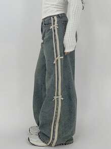 Dazy Plus Color Block Patchwork Ribbon Bow Decor Loose Wide Leg Jeans, Casual Women Denim Pants, All Season