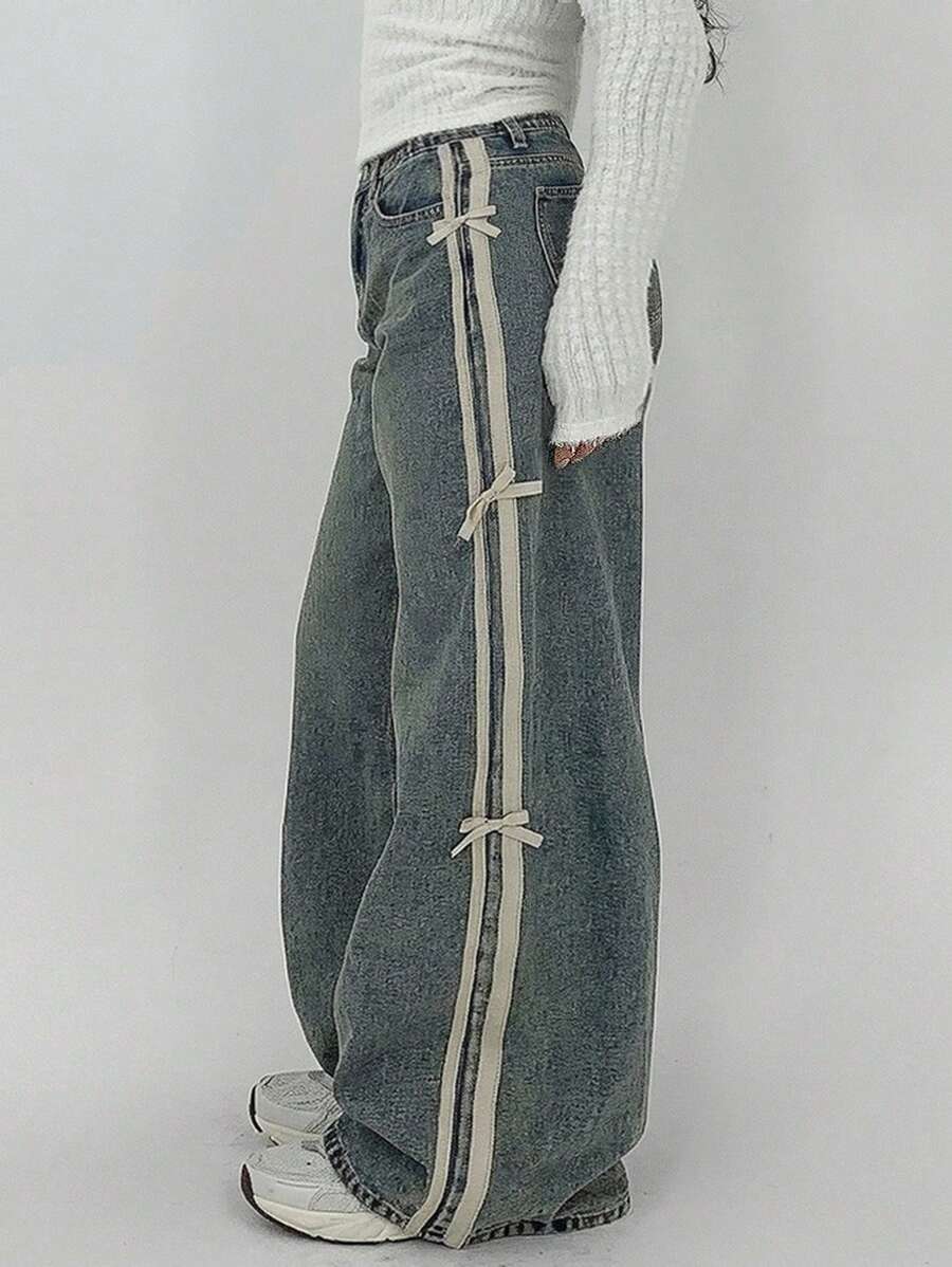 Dazy Plus Color Block Patchwork Ribbon Bow Decor Loose Wide Leg Jeans, Casual Women Denim Pants, All Season