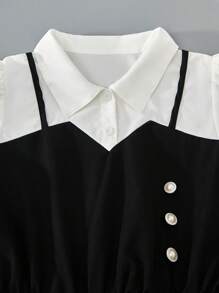 Sweetra Young Teen Girls Contrast Color 2 In 1 Short Puff Sleeve Summer Dress