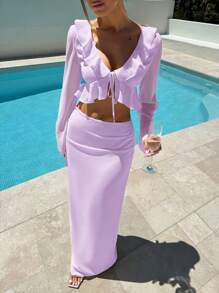 Aloruh 2件套女士超低腰雪纺裙，夏季沙滩休闲 - 淡紫色 - 查看 4