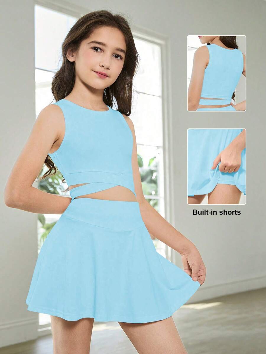 SHEIN Tween 女童无袖背心和褶皱网球裙两件套，纯蓝色，简约、休闲舒适，春夏季，运动、运动、优雅高腰设计，高腰，弹力面料 - 藍色 - 查看 1