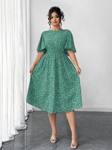 Elenzga Đầm midi chữ A cổ tròn tay bèo nhún họa tiết hoa cỡ lớn cho nữ, thanh lịch khi mặc ngoài trời - màu xanh lá - Xem 4
