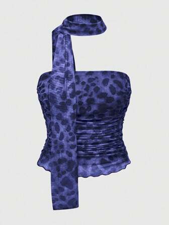 J-Fashion Blusa de moda con estampado de leopardo y fruncido para mujer de talla grande