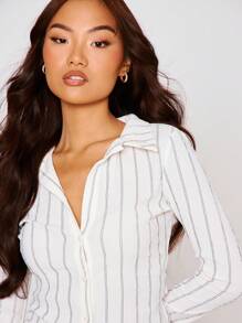 MUSERA 修身条纹喇叭长袖衬衫，休闲、可爱、优雅，适合各种场合，如度假、返校、工作、冬季派对等，春夏皆宜。 - 彩色 - 查看 2