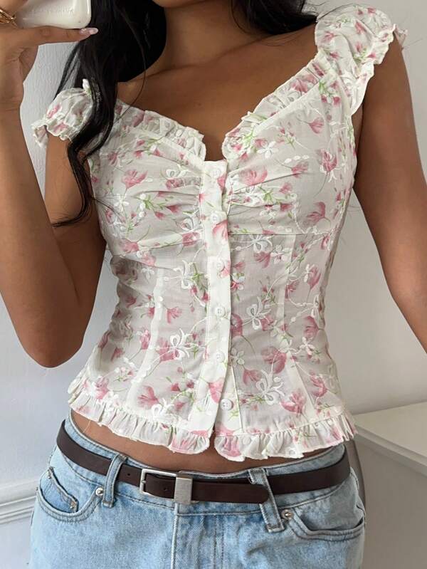 SHEIN CovetEZ Cămașă casual pentru femei cu imprimeu floral și volane, cu un singur nasture