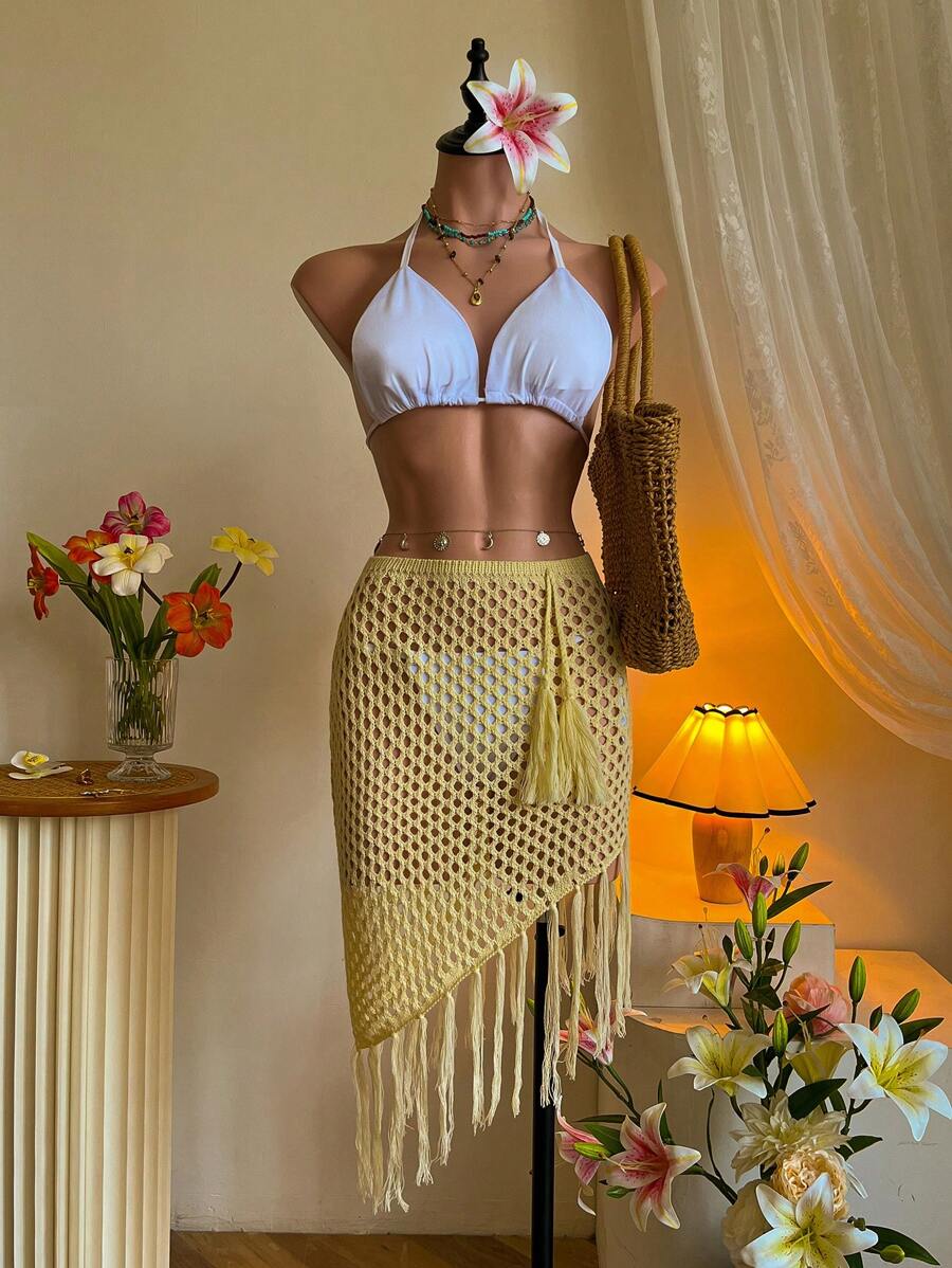 SHEIN MOD Falda de malla con dobladillo asimétrico y cordones en la cintura, color amarillo, para cubrir el traje de baño en vacaciones en la isla, tropical, vacaciones en la playa, traje de baño de ganchillo hawaiano con cubridor para el verano