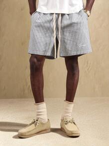 SUMWON Weekend Linen Feel Cotton Blend Bermuda Lounge Shorts Regular Fit Drawstring Waist Summer Spring Vacation Holiday Bottoms - Blue - View 6