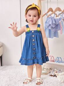 Baby Mädchen süßer, lässiger Urlaubs-Denim-Jumpsuit-Kleid mit Sonnenblumen-Häkeldesign, Volantbesatz locker geschnittenes A-Linien-Kleid, mittleres Frontpatch-Dekor, Sommer-Essentialteil vielseitige Mode