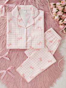 Genkimix Kids 女学生睡衣：可爱蝴蝶格纹印花长裤搭配长袖休闲开衫两件套，适合青少年女孩秋冬季穿着