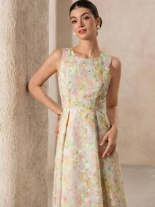 Aveloria Rosie New Elegant Romantic French Style Oversized Waist Drawstring Sleeveless Dress, Women Vintage Exquisite Dye Printing 3D Embroidery Long Dress