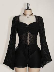 SHEIN ICON Plus Size Knitted Jacquard Flared Sleeve Pleated Square Neck Sexy T-Shirt, Knit Top, Suitable For Summer, Y2K Style