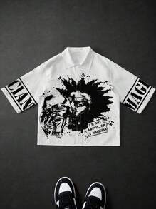 Manfinity EMRG Men's Street Magician Funny Mask Graphic Letter Print White Shirt , Streetwear Men Shirts , Shirts For Men Graphic - White - View 1