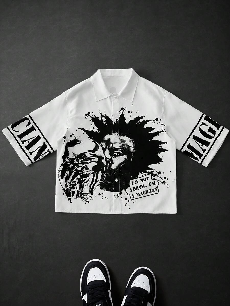 Manfinity EMRG Men's Street Magician Funny Mask Graphic Letter Print White Shirt , Streetwear Men Shirts , Shirts For Men Graphic - White - View 1