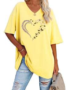 EMERY ROSE Popular Spring And Summer Women'S V-Neck Short-Sleeve Loose Heart T-Shirt Top From Europe And America. - Apricot - View 1