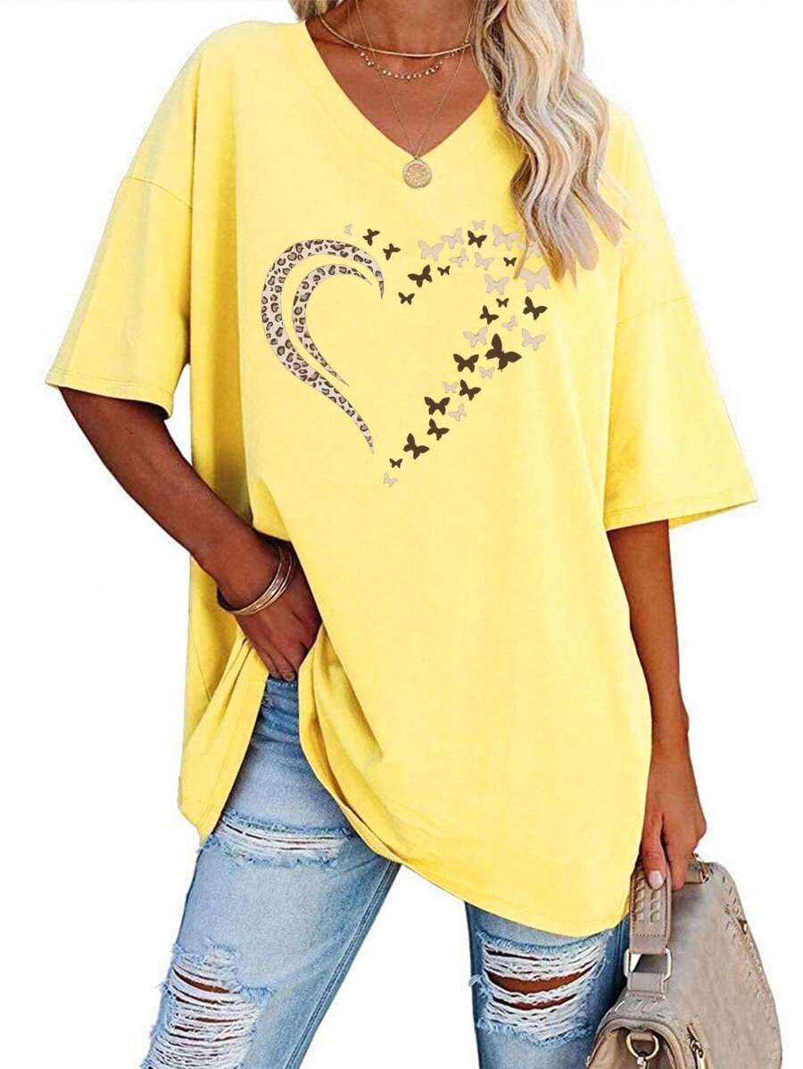 EMERY ROSE Popular Spring And Summer Women'S V-Neck Short-Sleeve Loose Heart T-Shirt Top From Europe And America. - Apricot - View 1