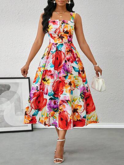 SHEIN Lady Vestido midi elegante sin mangas con estampado floral para mujer, vestido casual de playa, vestido para boda, graduación, oficina y otros eventos especiales