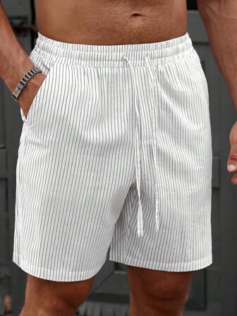 Manfinity RelaxMax Men's Elastic Waist Drawstring Summer Striped Casual Shorts, For Back To School